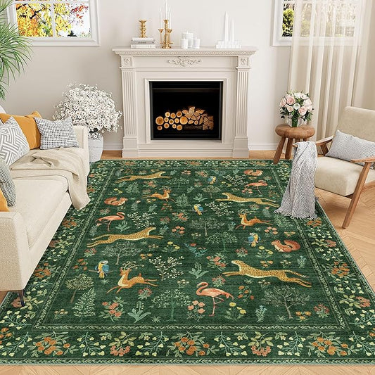 DUKINO 6x9 Rug, Washable Animal Living Room Rug with Non Slip Vintage Design, Soft Low Pile Large Carpet for Bedroom, Nursery, Dining Room, Farmhouse, Playroom, Green