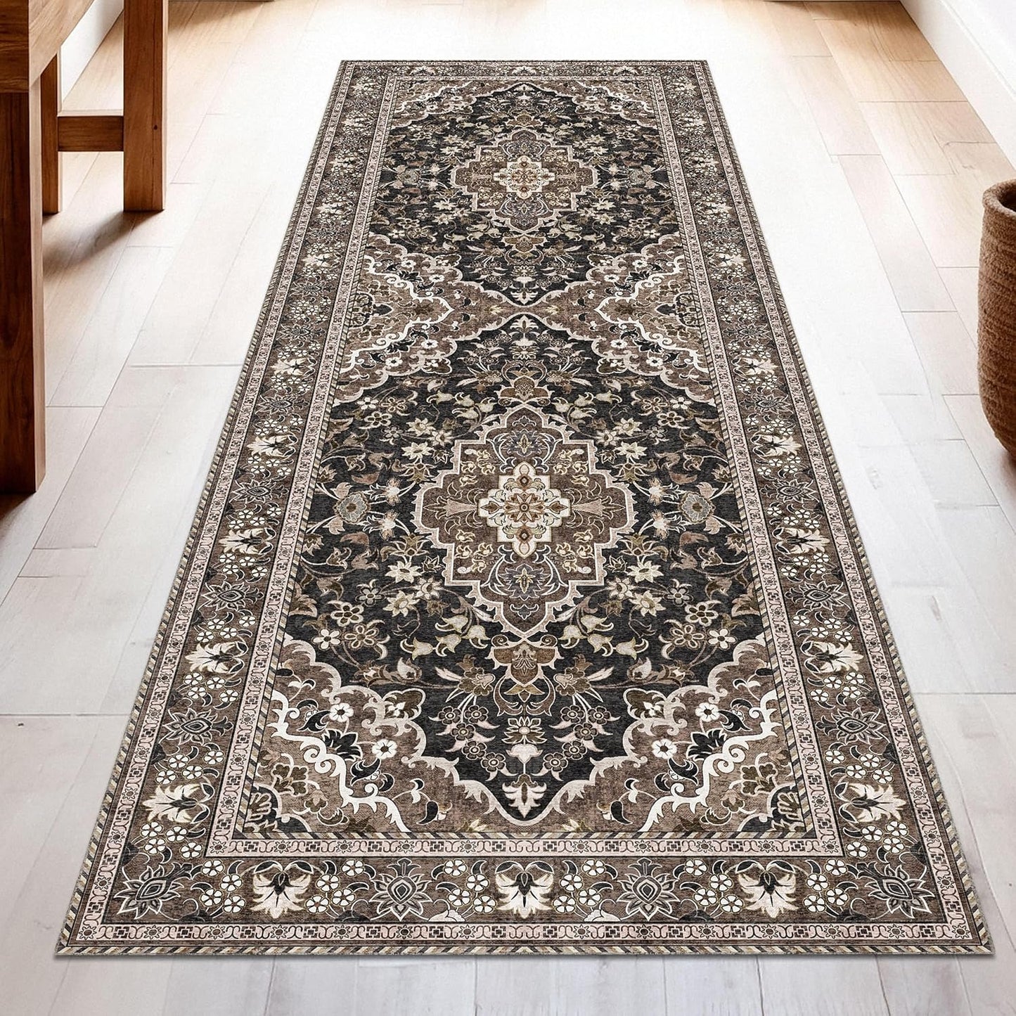 Washable Runner Rug 2.5x10 | Non Slip Rug Runners for Hallways, Entryways, Kitchens, Bathrooms, Bedrooms | Ultra-Soft Flannel Carpet Runners with Rubber Backing (Black Brown, 2.5x10)