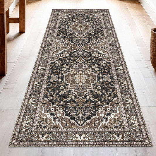 Washable Runner Rug 2.5x10 | Non Slip Rug Runners for Hallways, Entryways, Kitchens, Bathrooms, Bedrooms | Ultra-Soft Flannel Carpet Runners with Rubber Backing (Black Brown, 2.5x10)