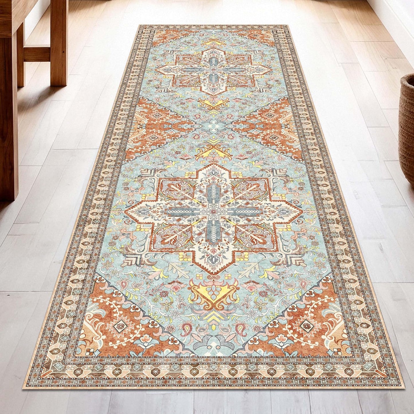 Washable Runner Rug 2x6 | Non Slip Rug Runners for Hallways, Entryways, Kitchens, Bathrooms, Bedrooms | Ultra-Soft Flannel Carpet Runners with Rubber Backing (Light Teal/Rust, 2x6)