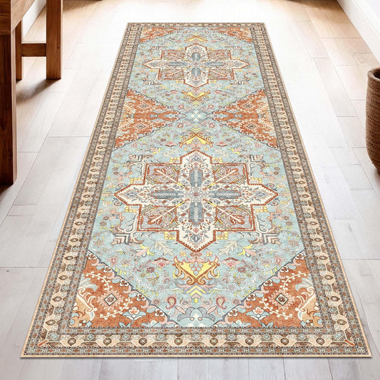 Washable Runner Rug 2.5x8 | Non Slip Rug Runners for Hallways, Entryways, Kitchens, Bathrooms, Bedrooms | Ultra-Soft Flannel Carpet Runners with Rubber Backing (Light Teal/Rust, 2.5x8)