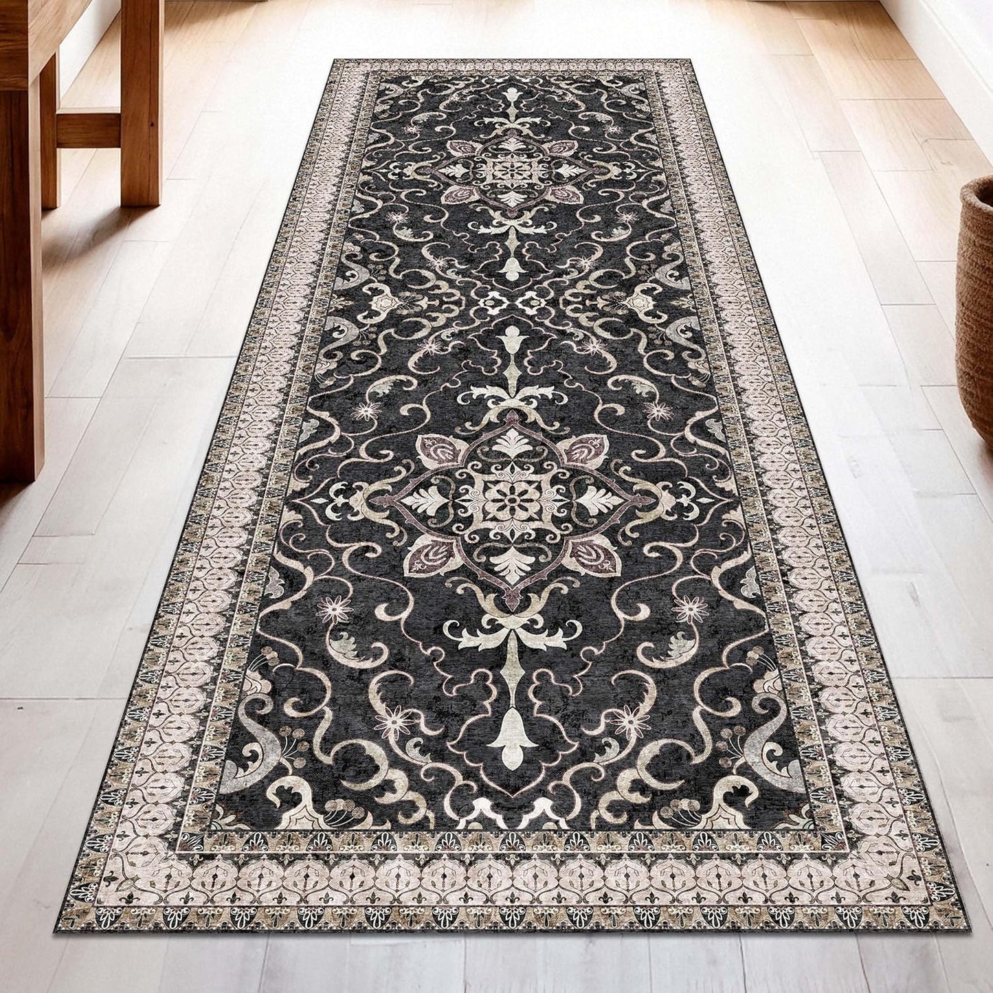 Washable Runner Rug 2x6 | Non Slip Rug Runners for Hallways, Entryways, Kitchens, Bathrooms, Bedrooms | Ultra-Soft Flannel Carpet Runners with Rubber Backing (Black Cream, 2x6)