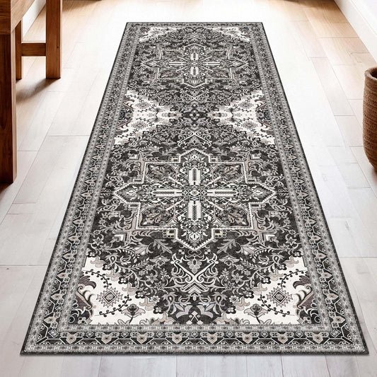 Washable Runner Rug 2.5x8 | Non Slip Rug Runners for Hallways, Entryways, Kitchens, Bathrooms, Bedrooms | Ultra-Soft Flannel Carpet Runners with Rubber Backing (Charcoal, 2.5x8)