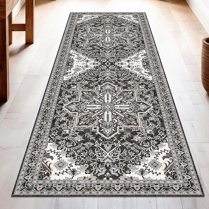 Washable Runner Rug 2x6 | Non Slip Rug Runners for Hallways, Entryways, Kitchens, Bathrooms, Bedrooms | Ultra-Soft Flannel Carpet Runners with Rubber Backing (Charcoal, 2x6)