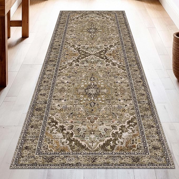Washable Runner Rug 2x6 | Non Slip Rug Runners for Hallways, Entryways, Kitchens, Bathrooms, Bedrooms | Ultra-Soft Flannel Carpet Runners with Rubber Backing (Sage Grey Brown, 2x6)