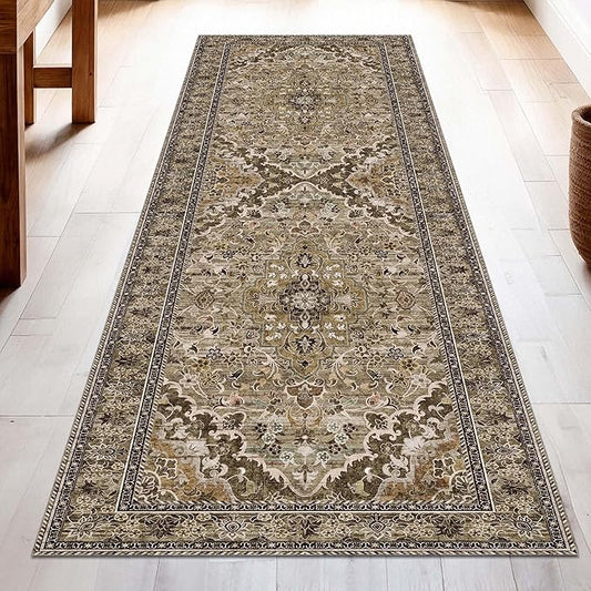 Washable Runner Rug 2x6 | Non Slip Rug Runners for Hallways, Entryways, Kitchens, Bathrooms, Bedrooms | Ultra-Soft Flannel Carpet Runners with Rubber Backing (Sage Grey Brown, 2x6)