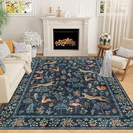 DUKINO 5x7 Rug, Washable Animal Living Room Rug with Non Slip Vintage Design, Soft Low Pile Large Carpet for Bedroom, Nursery, Dining Room, Farmhouse, Playroom, Navy Blue