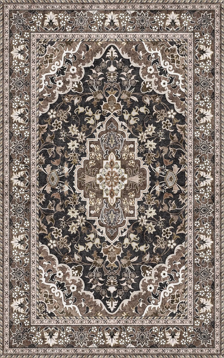 Washable Area Rug 5x8 | Non Slip Area Rug for Living Room, Bedrooms, Dining Room | Ultra-Soft Flannel Carpet Area with Rubber Backing (Black Brown, 5x8)