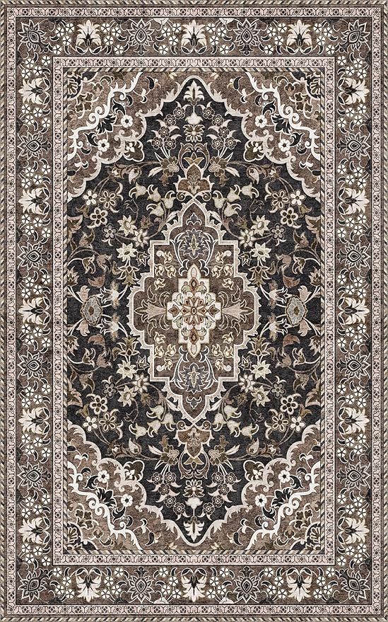 Washable Area Rug 5x8 | Non Slip Area Rug for Living Room, Bedrooms, Dining Room | Ultra-Soft Flannel Carpet Area with Rubber Backing (Black Brown, 5x8)