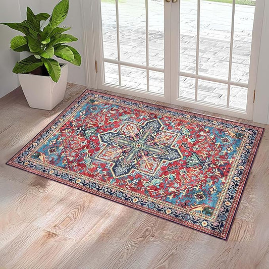 Washable Entryway Rug 3x5 | Non Slip Rug Runners for Hallways, Entryways, Kitchens, Bathrooms, Bedrooms | Ultra-Soft Flannel Carpet Kitchen Rug with Rubber Backing (Navy Red, 3x5)