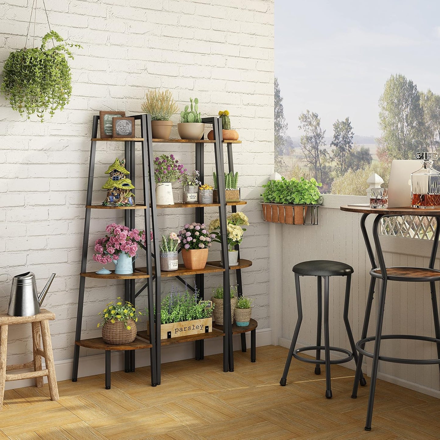 Hoctieon Corner Shelf, 4-Tier Corner Bookshelf, Rustic Ladder Shelf, Industrial Display Stand for Living Room, Kitchen, Home Office, Balcony, Small Space, Metal Frame, Rustic Brown