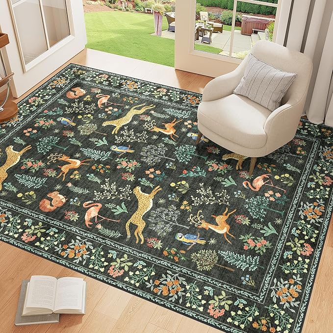 DUKINO 3x5 Rug, Washable Animal Area Rug with Non Slip Vintage Design, Indoor Soft Low Pile Carpet for Bedroom, Nursery, Dining Room, Farmhouse, Playroom, Black