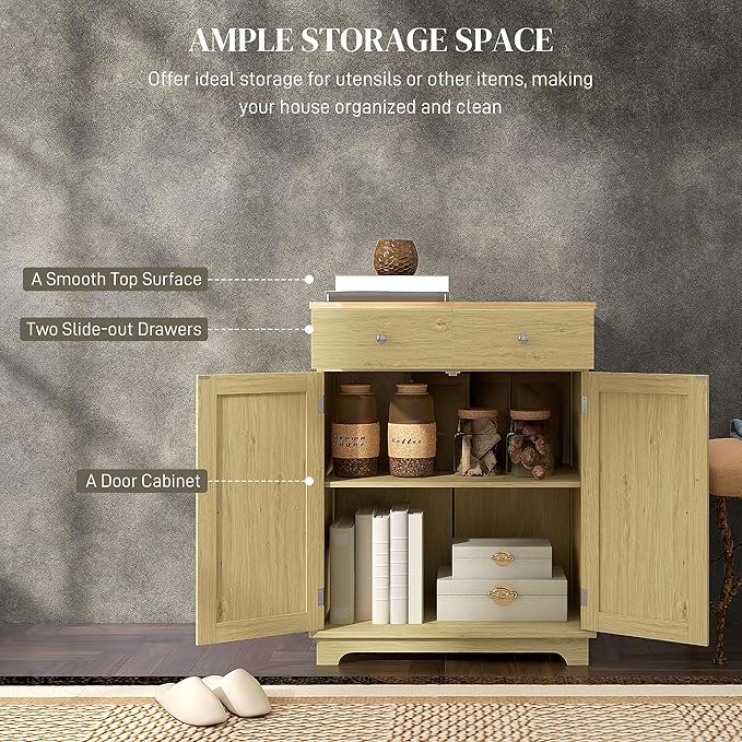 HOMCOM Sideboard with Solid Wood Countertop, Modern Kitchen Storage Cabinet, Coffee Bar Cabinet with 2 Drawers, Doors and Adjustable Shelf, Natural Rattan