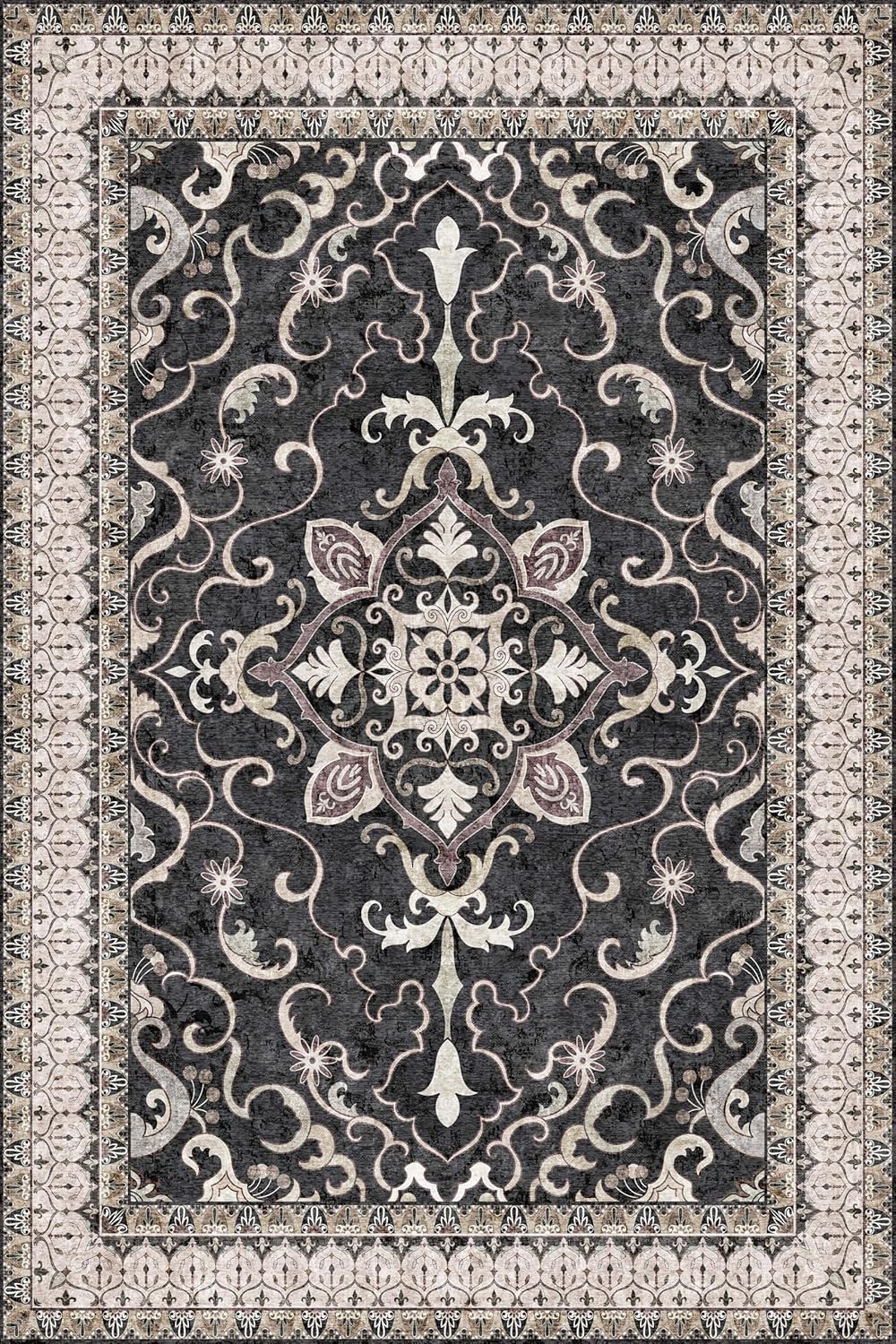 Washable Area Rug 4x6 | Non Slip Area Rug for Living Room, Bedrooms, Dining Room | Ultra-Soft Flannel Carpet Area with Rubber Backing (Black Cream, 4x6)