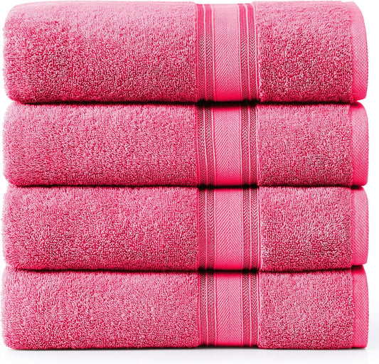 LANE LINEN 100% Cotton Large Bath Towels Set of 4 (30"x60") - Zero Twist, Mercerized Cotton Bathroom Towel 4 Pack - Quick Dry, Soft & Absorbent Large Towels Set - Dorm Essentials for Girls - Fuchsia