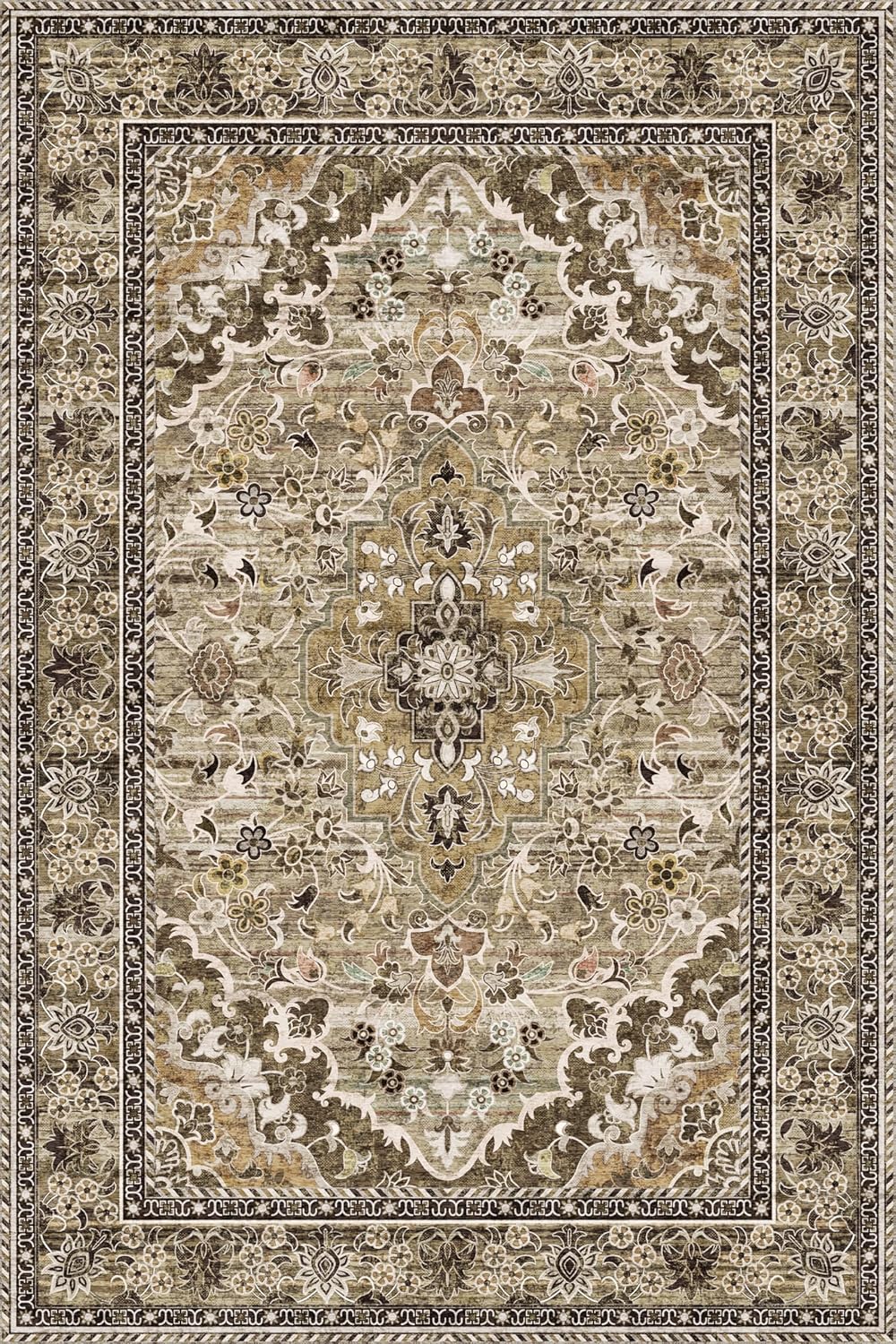 Washable Area Rug 4x6 | Non Slip Area Rug for Living Room, Bedrooms, Dining Room | Ultra-Soft Flannel Carpet Area with Rubber Backing (Sage Grey Brown, 4x6)