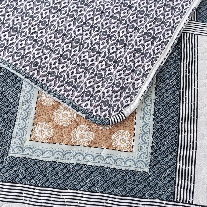 NEWLAKE Quilt Bedspread Sets - Bohemian Farmhouse Pattern Reversible Coverlet Set, Queen Size
