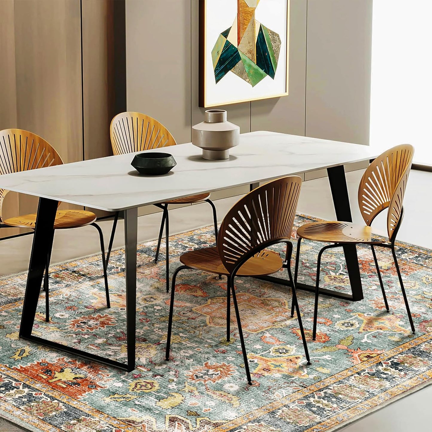 Area Rug 8'x10' Washable Rug Vintage Traditional Mat Distressed Indoor Foldable Thin Retro Accent Floral Print Non Slip Carpet for Living Room Dining Room Office