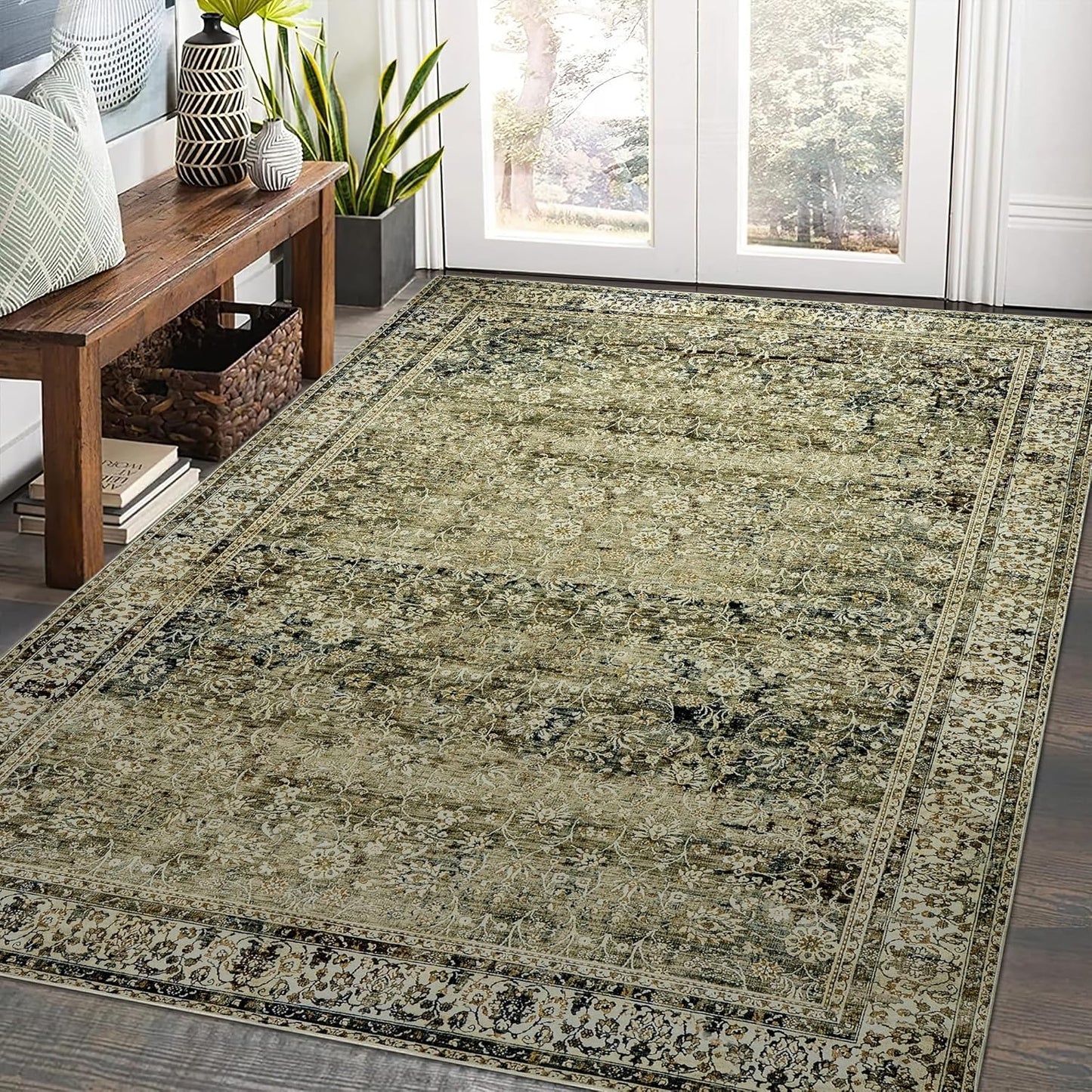 Olive Green Boho Area Rug 5 x7 for Living Room Washable Faux Wool Low Pile Stain Resistant Rubber Backed Cottagecore Neutral Bedroom Nursery Rugs 5x7