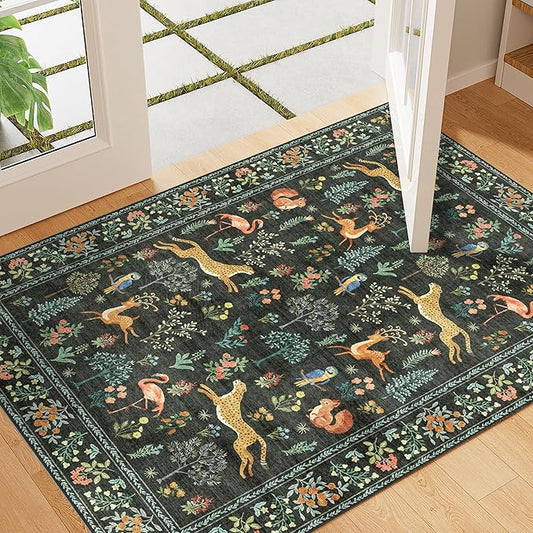 DUKINO 2x3 Rug, Washable Animal Rugs for Entryway, Non Slip Indoor Door Mat, Soft Low Pile Small Area Carpet for Entrance, Bedroom, Kitchen, Laundry, Bathroom, Black