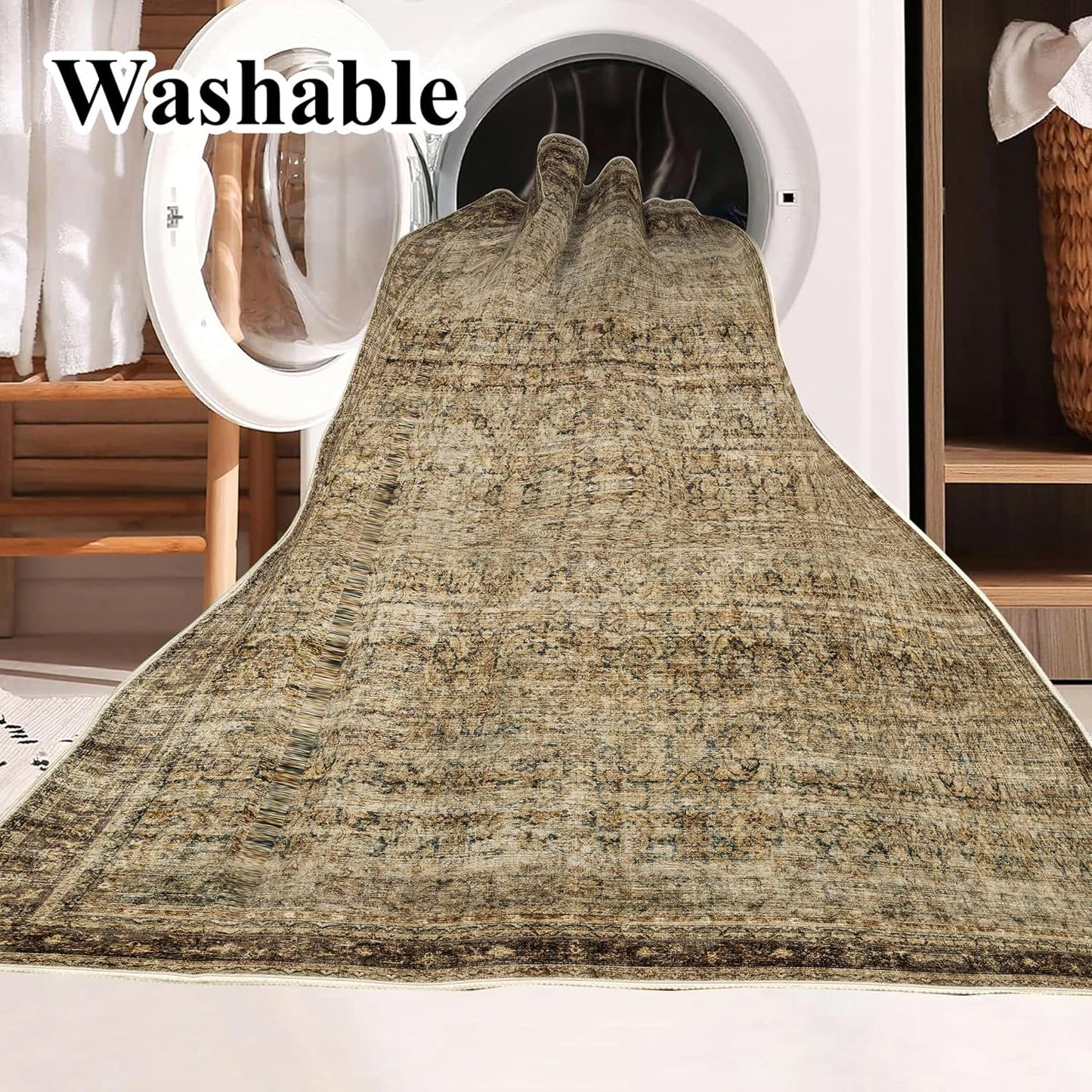 Area Rug 8x10 Washable Rug Brown Vintage Traditional Mat Distressed Indoor Foldable Thin Retro Accent Floral Non Slip Carpet Living Room Dining Room Office