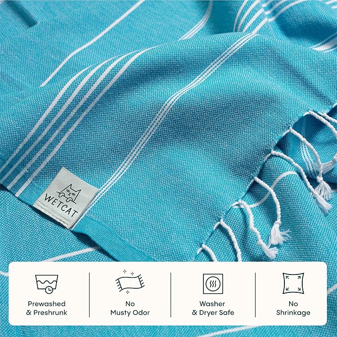WETCAT Turkish Beach Towel Oversized (38"x71") 100% Turkish Cotton, Made in Turkey - Sand Free, Extra Large, Ultra Soft, Quick Drying, Compact & Lightweight for Travel - Turquoise