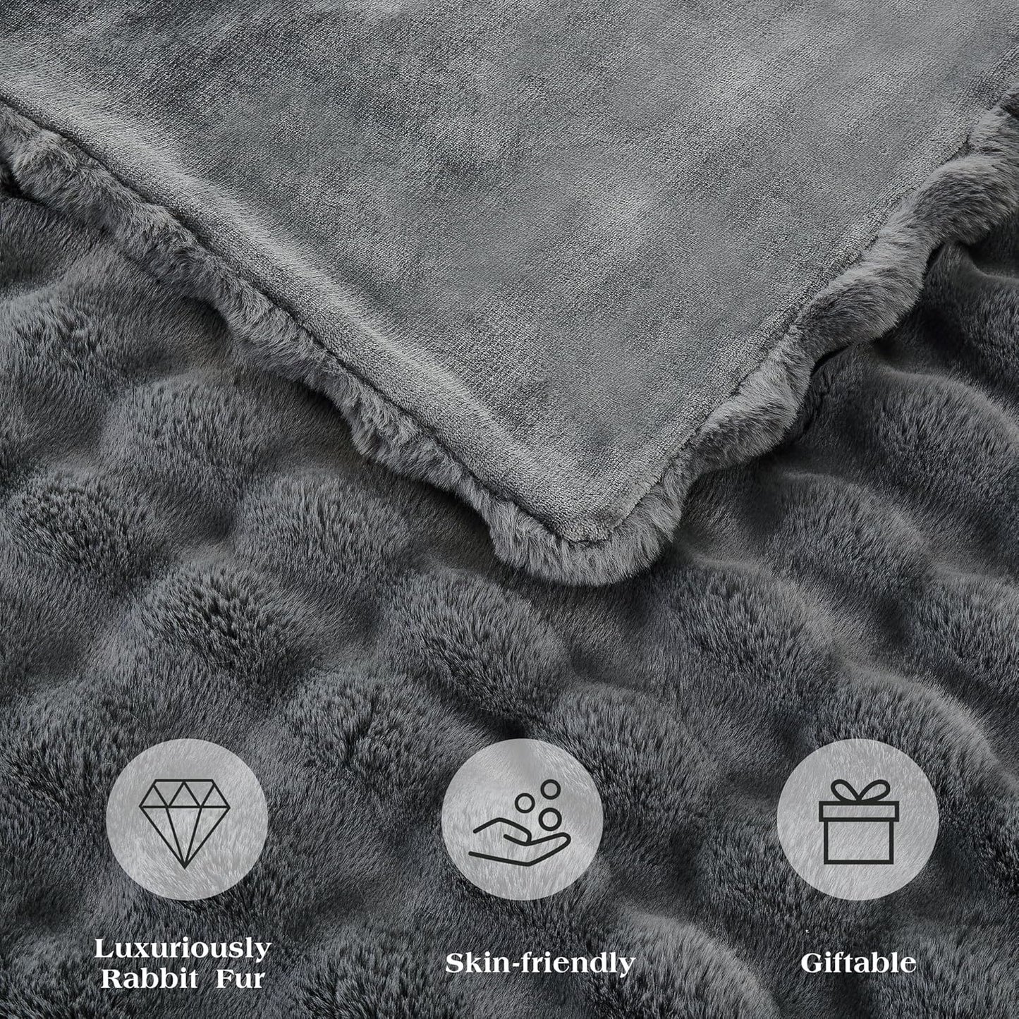 JONIYEAR Large Solid Thick Bubble Faux Rabbit Fur Bed Blanket Full Size 70" x 80", Decorative Cute Cozy Fluffy Gray Warm Blanket for Winter, Reversible Big Luxe Fuzzy Comfy Shaggy Furry Blankets, Grey