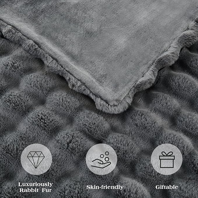 JONIYEAR Solid Thick Fuzzy Bubble Faux Rabbit Fur Blanket Twin Size 60" x 70", Decorative Bumpy Cute Cozy Fluffy Gray Warm Blanket for Winter, Oversized Reversible Poofy Comfy Shag Furry Throw, Grey