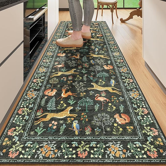 DUKINO 2.6x8 Rug for Hallway, Washable Kitchen Runner Rug with Non Slip Backing, Soft Low Pile Vintage Animal Runner for Bedroom, Kitchen, Hallway, Entryway, Laundry, Black