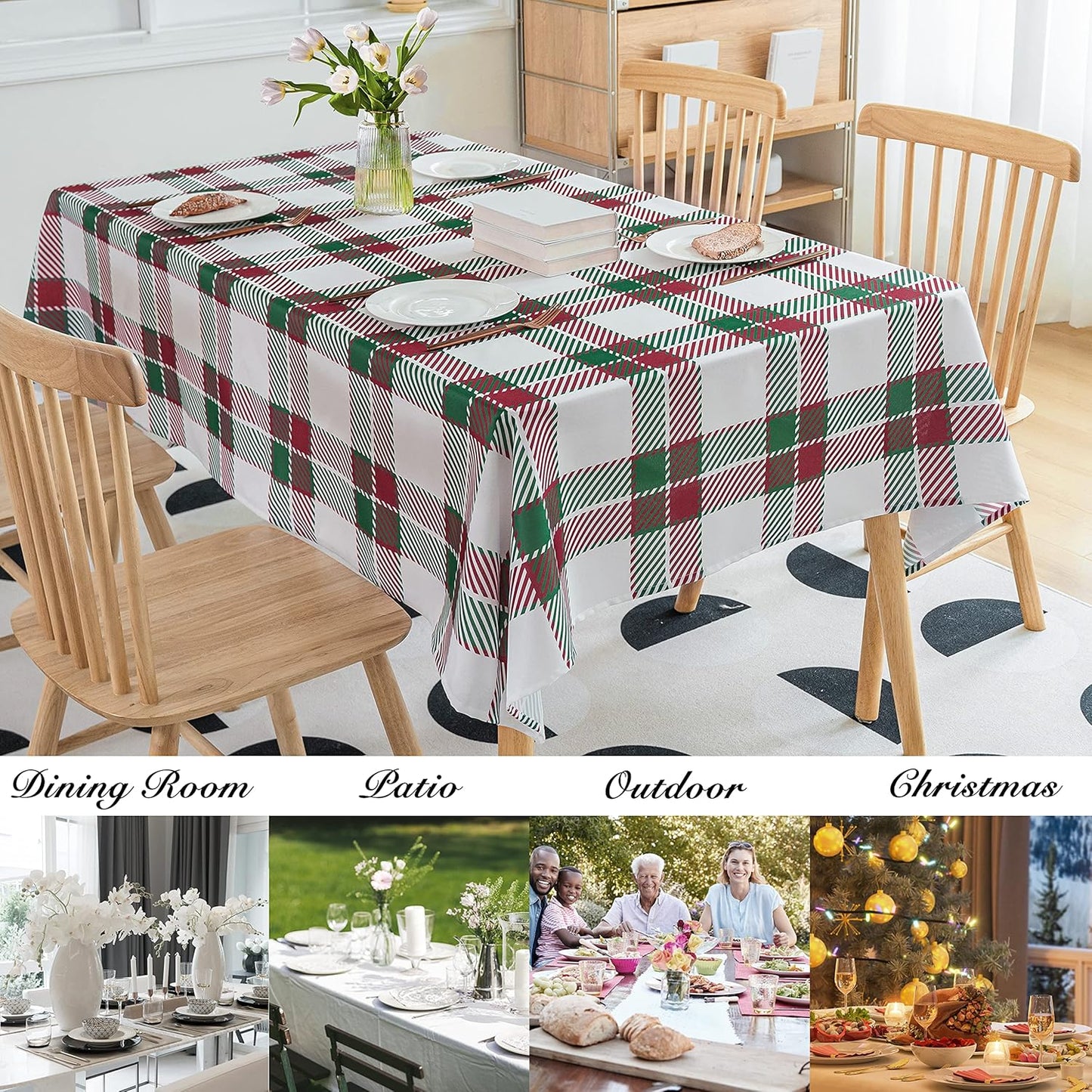 Jubilantex Square 120" inch Tablecloth Green and Red Plaid Waterproof Wrinkle-Free Washable Christmas Decoration Fabric Table Cover for Dining Outdoor Party Holiday Kitchen,60 x 120 inch