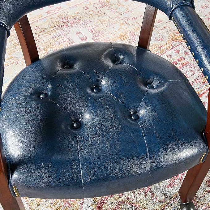 MODERION Dining Chairs with Wheels and Arm, Caster Boss Captain's Chairs with Solid Wood Leg, Office Desk Chairs with Button Upholstered, Classic Swivel Chair, 31.5”H Cherry Walnut Leg & Blue SY1533LB