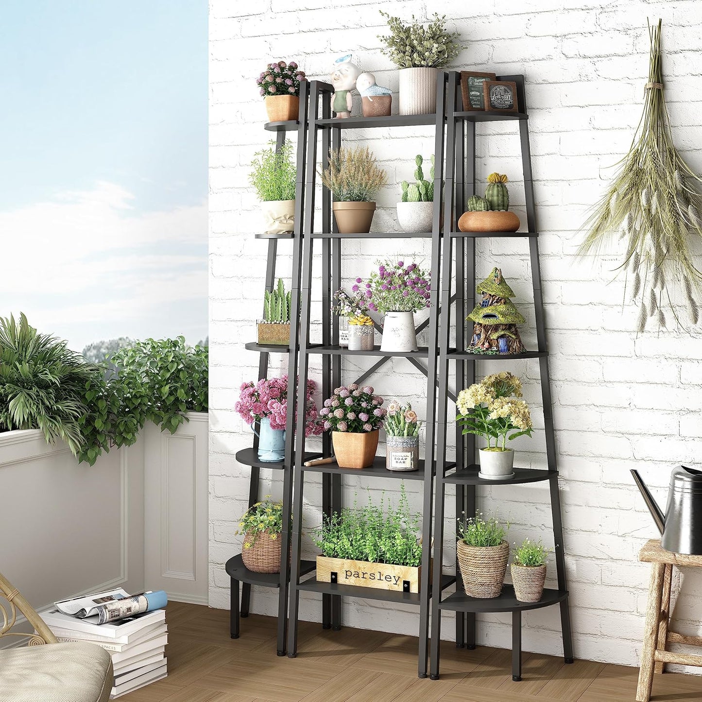 Hoctieon Corner Shelf, 5-Tier Corner Bookshelf, Rustic Ladder Shelf, Industrial Display Stand for Living Room, Kitchen, Home Office, Balcony, Small Space, Metal Frame, Black