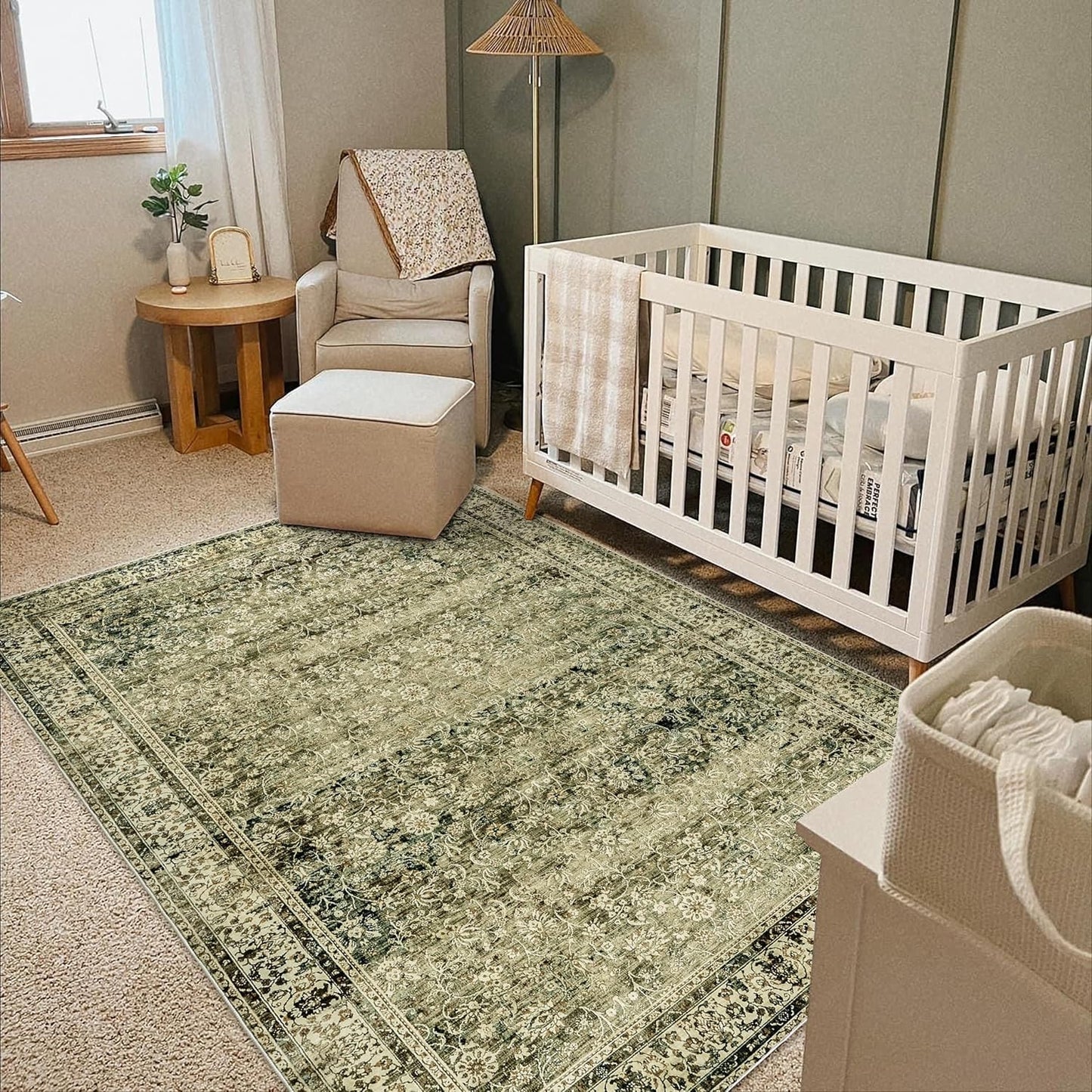 Olive Green Boho Area Rug 5 x7 for Living Room Washable Faux Wool Low Pile Stain Resistant Rubber Backed Cottagecore Neutral Bedroom Nursery Rugs 5x7