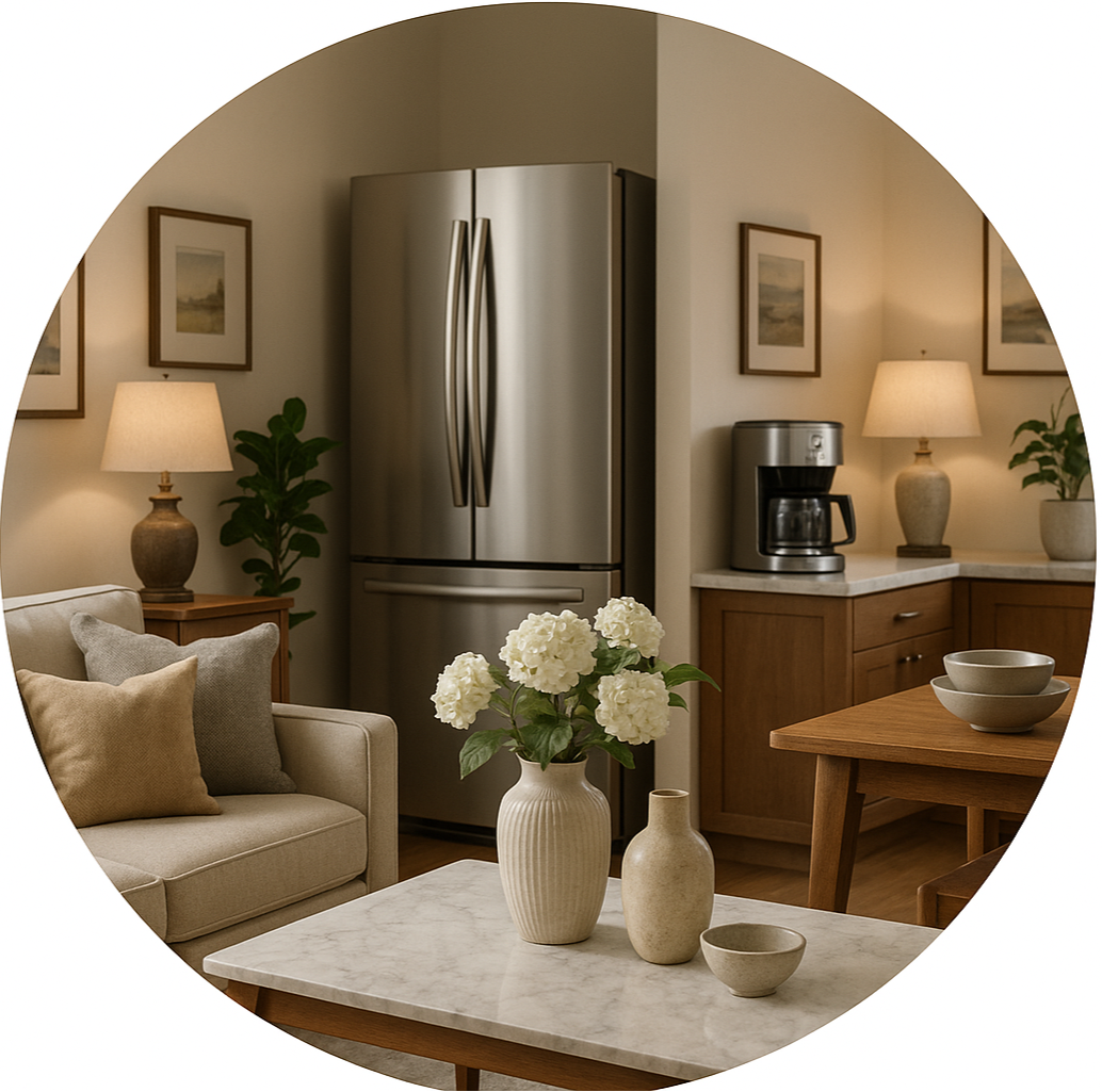 circle photo of  home decor including appliances, make it a real photo